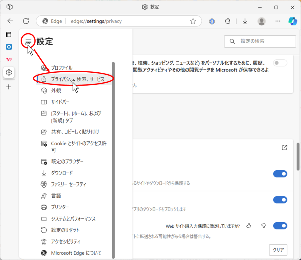 左上をクリックして、表示されたメニューから「プライバシー、検索、サービス」をクリック